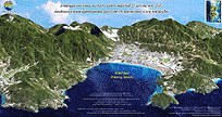 ภาพข้อมูลจากดาวเทียม Ikonos ซ้อนทับแบบจำลองลักษณะภูมิประเทศ บริเวณหาดป่าตอง บันทึกภาพเมื่อวันที่ 24 มกราคม พ.ศ. 2547Ikonos satellite image overlaid with the simulated topography of Patong Beach acquired on 24 February 2004